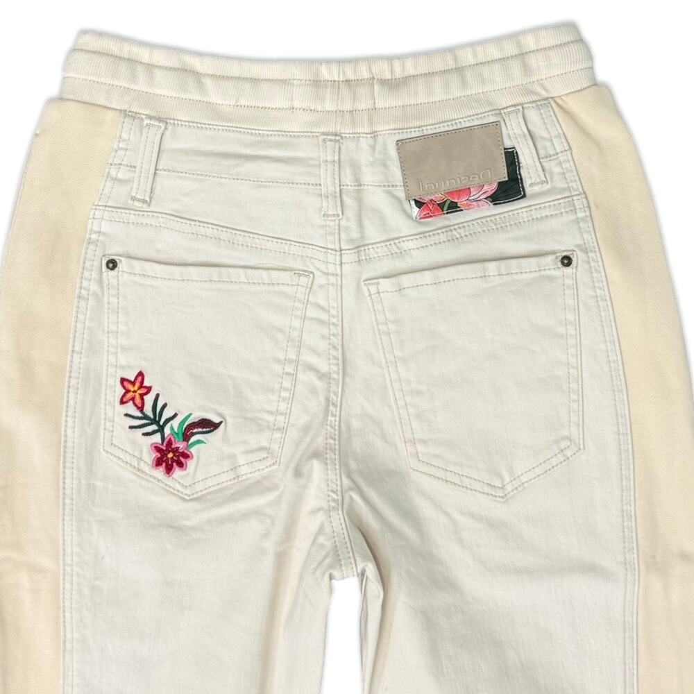 Desigual Cream Ecru Floral Embroidered Jogger Lita Raw Hem Jeans size S NEW Tags - Picture 11 of 12